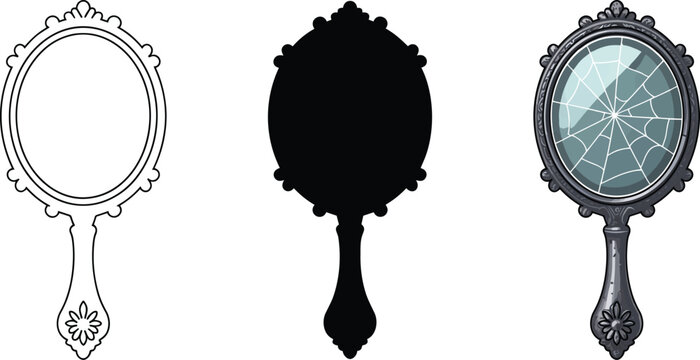 Antique hand mirror set with oval frame shape, ornate handle, cracked glass reflection