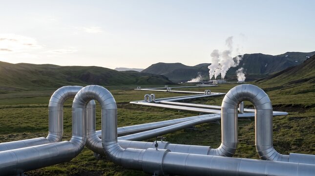Geothermal pipelines and expansion steam loops leading to power station across volcanic landscape for clean energy