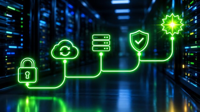 Cybersecurity and cloud data protection roadmap with neon icons for padlock, cloud, server, shield, and starburst representing network security journey