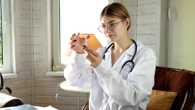 Female physician examines medicine ampoule and syringe with focused attention during careful clinical dosage preparation, checking sterile healthcare tools and liquid medicine indoors in sunlit room