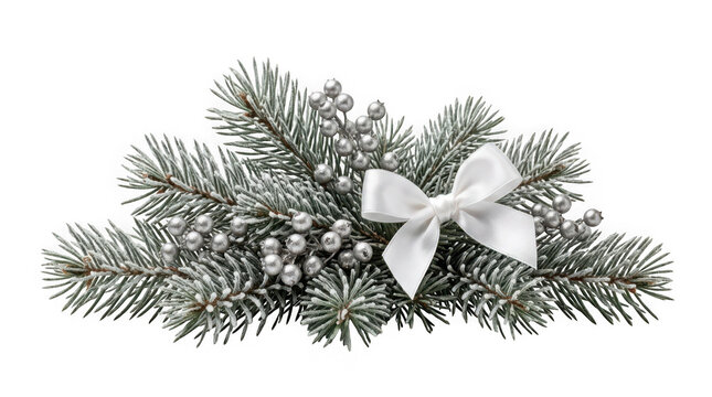 Christmas decoration with fir branches, silver berries and a white satin bow isolated on transparent background