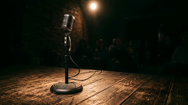 Vintage microphone on wooden stage in dark club with audience in blur