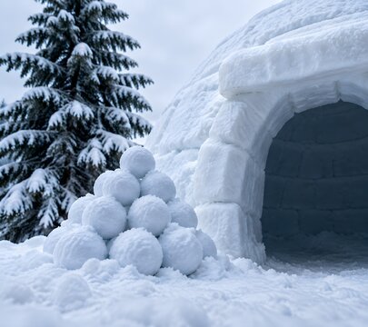 Neat pyramid of packed snowballs stacked on the snow beside the arched entrance of an igloo