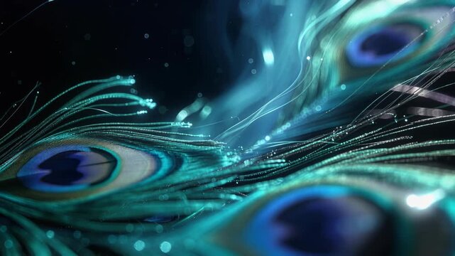 Closeup of iridescent peacock feathers in a luminous abstract photographic style on a dark background, evoking elegance and nature
