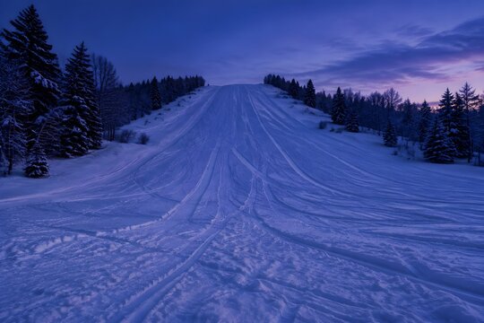 Broad sledding hill path packed with criss crossing tracks at blue twilight