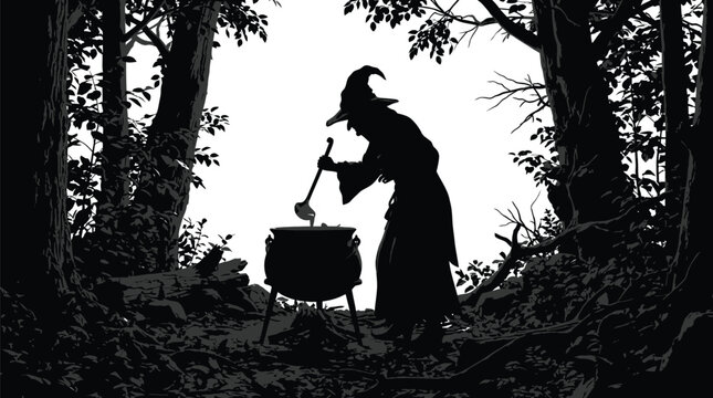 Wicked witch standing in dark forest while stirring steaming magic potion inside large black iron cauldron during mysterious night time