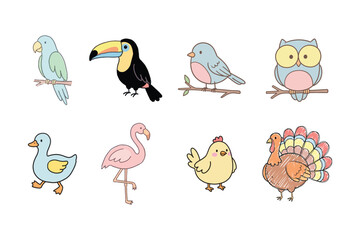 Fototapeta premium Cute birds illustration set hand drawn pastel colorful bird character vector