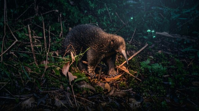 Short-beaked Echidna Walking on Forest Floor in Moody Lighting (Zaglossus attenboroughi)