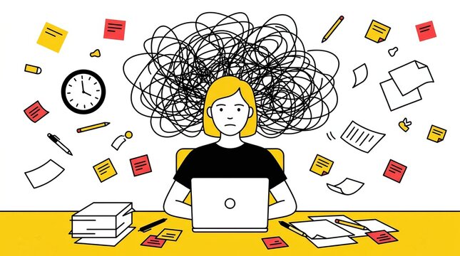 Concept illustration of a woman feeling overwhelmed by work tasks and a messy desk.