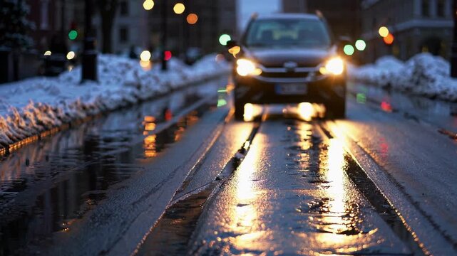 Approaching car on snow lined street sends bright headlight reflections over wet pavement. This winter night street view feels quiet and atmospheric, with blurred city lights and slick roadway.