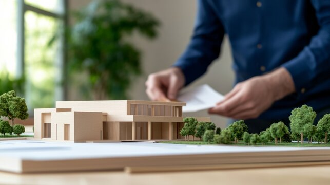 Architectural Study Featuring Architects reviewing scale building models with material samp