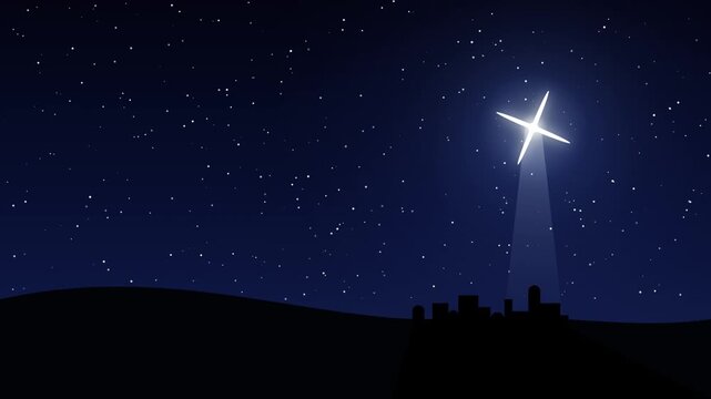 Bright Christmas star shining over silhouette of Bethlehem town in clear night sky cinematic motion.