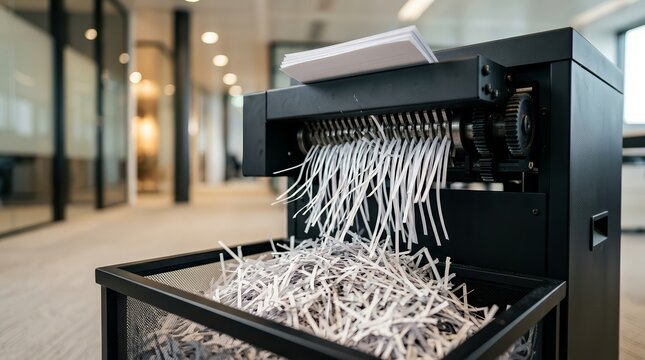Confidential documents being shredded by a heavy duty industrial machine.