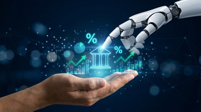 Robotic hand interacting with digital data representing central bank monetary policy.