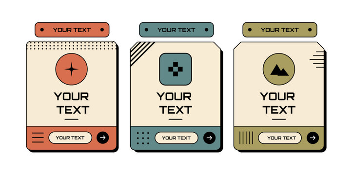 Vintage profile card template collection in a retro flat vector style featuring three colorful identification cards with editable text areas, icons and decorative borders