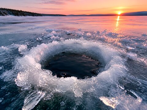 Hand drilled fishing hole cut through frozen lake surface with a chipped white rim