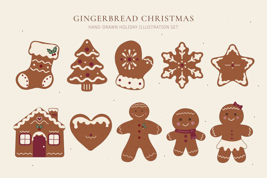 Gingerbread Christmas Illustration Set &mdash; Hand Drawn Holiday Cookies