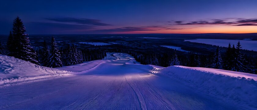 Sledding hill path at blue twilight with a packed track glowing beneath a deep indigo sky and berms catching light