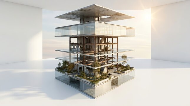 An exploded view of a derelict building with layered architectural perspective.