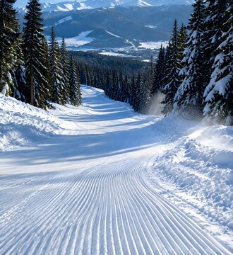 Freshly groomed downhill ski slope with parallel corduroy grooves curving down the fall line