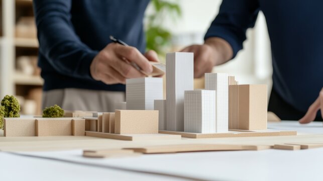 Creative Building Design with Architects reviewing scale building models with material samp