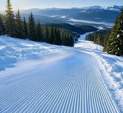 Freshly groomed downhill ski slope corduroy with parallel ribbed snow lines curving past churned edges
