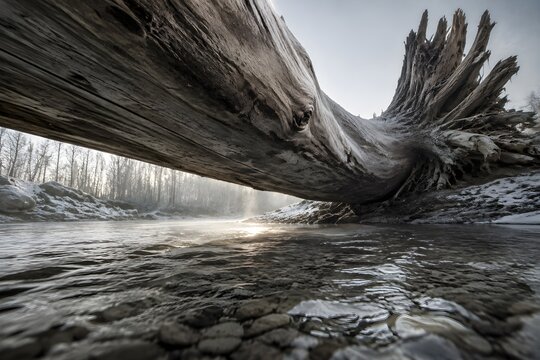 Massive fallen cottonwood trunk lying across a shallow river with a torn root plate