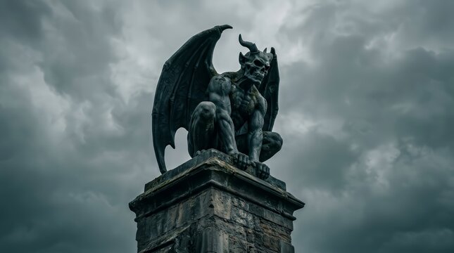 Dark horned winged creature sculpture sitting on a stone tower pedestal.