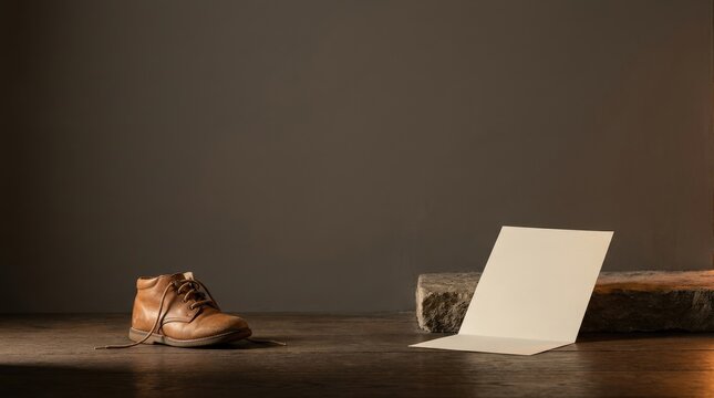 Brown leather shoe beside blank paper card and weathered wood on dark rustic surface, minimalist still life with warm studio lighting