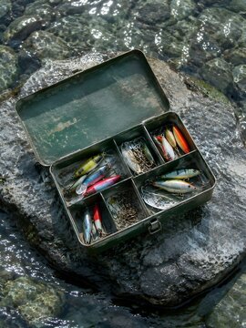 Open tackle box sitting on a broad flat river stone with compartments of colorful lures and hooks