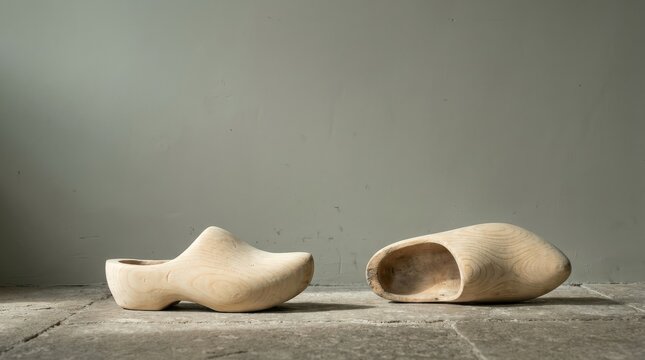 Two wooden clogs with carved contours and open heel sections resting on a worn concrete floor against a muted wall
