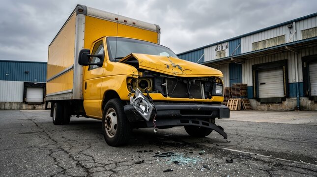 Yellow delivery van with severe front-end damage parked outside a large industrial warehouse.