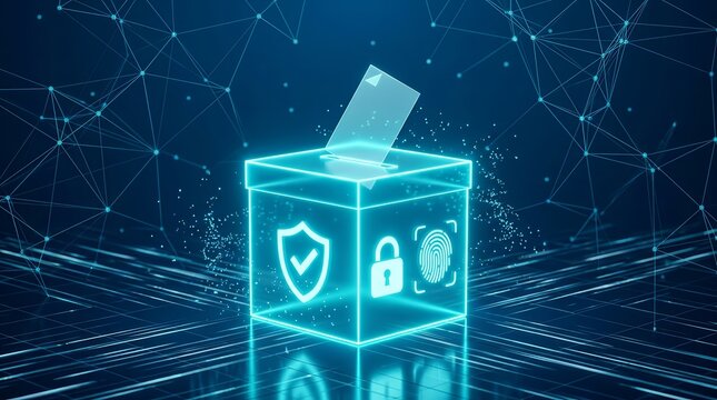 Glowing ballot box with cyber security shield icon for a secure digital voting system.