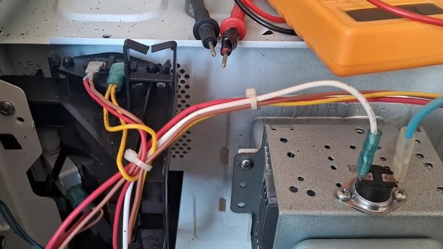 Multimeter testing electrical wires inside broken microwave repair process
