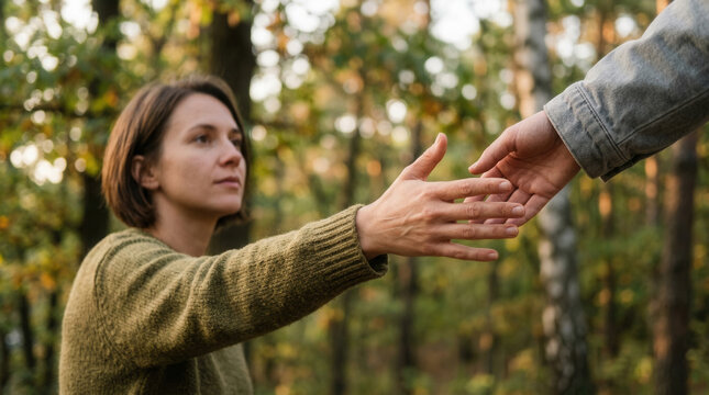 Helping Hand Reaches Out in Autumn Forest