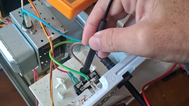 Electrical technician testing microwave fuse with multimeter probe