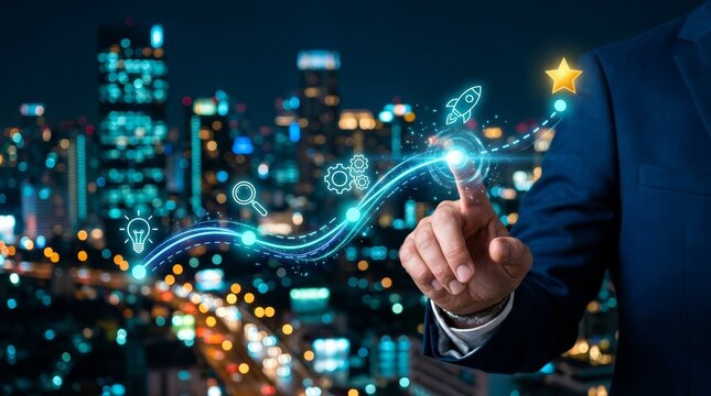 Businessman interacting with a digital roadmap for new product development and creative ideas.
