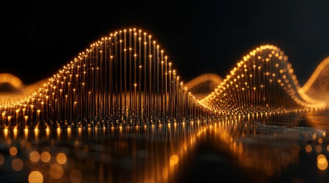 Golden glowing sound waves pulsating with digital energy against a dark background