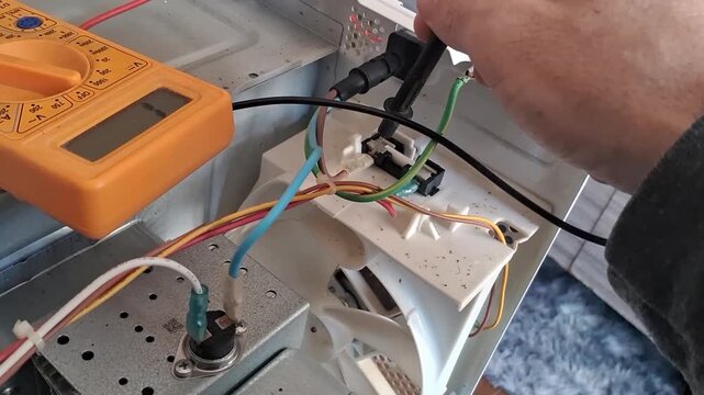 Technician testing appliance electrical circuits using multimeter tool