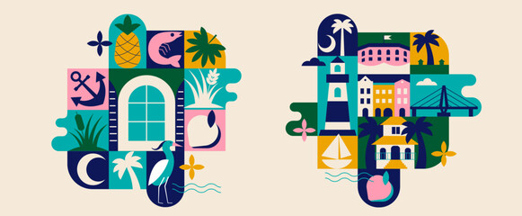 Obraz premium South Carolina USA Geometric Collage Set with Charleston Architecture, Modular Composition