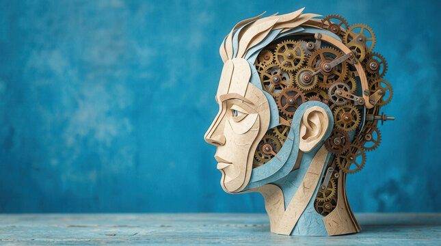 Intricate Papercraft Human Head With Visible Working Gears And Cogs Represents Mind And Technology