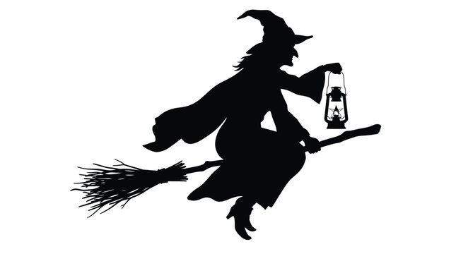 Black silhouette of a witch flying on a wooden broomstick while holding a lit vintage lantern against white background