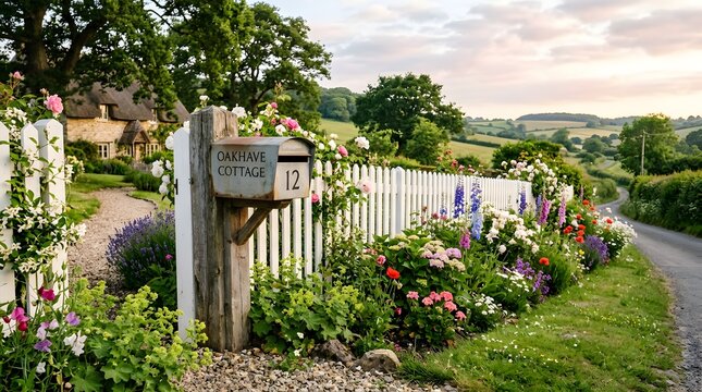 Rustic mailbox at a charming garden fence near a rural stone house