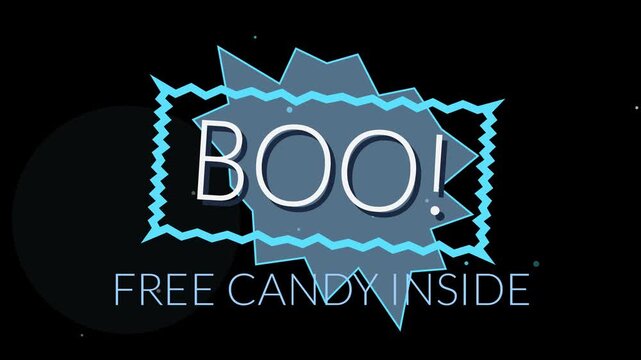 Animated boo graphic with free candy text message for halloween party motion clip.