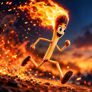 Matchstick Man Running with Fire on Head Illustration