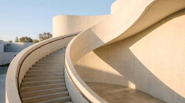 Modern concrete spiral staircase features elegant curved architectural lines and soft golden lighting in a clean minimalist contemporary structural design