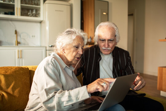 Senior couple using laptop at home