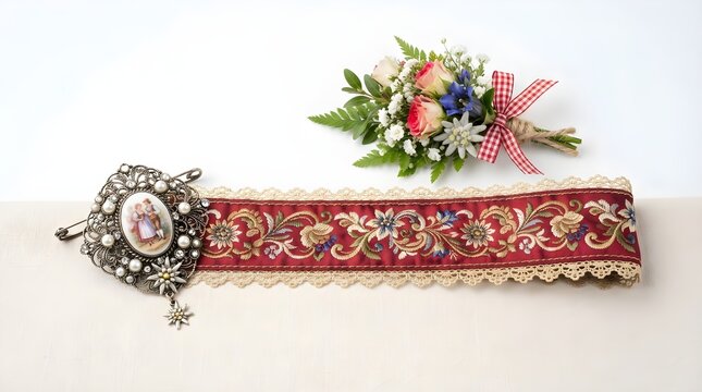 Traditional Bavarian Trachten Accessories with Embroidered Ribbon, Vintage Brooch and Alpine Flower Boutonniere