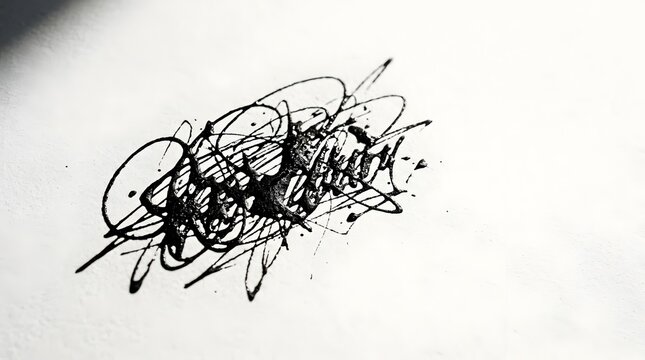 Abstract black ink scribbles on white textured paper