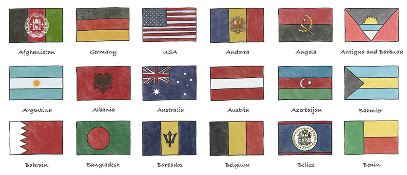 Hand Drawn World Flags Set with Country Names in Alphabetical Order Isolated on White Background